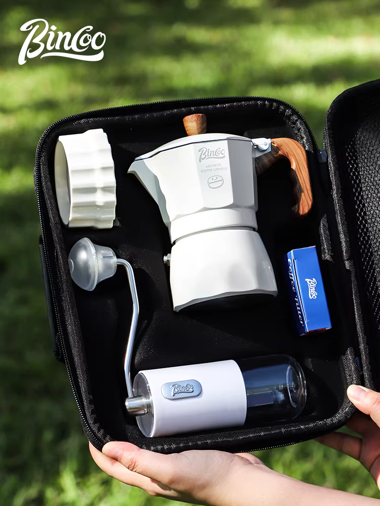 Bộ pha cà phê Moka Bincoo nhỏ gọn, dùng ngoài trời, bộ pha cà phê espresso di động, kèm túi đựng, bộ dụng cụ du lịch đầy đủ