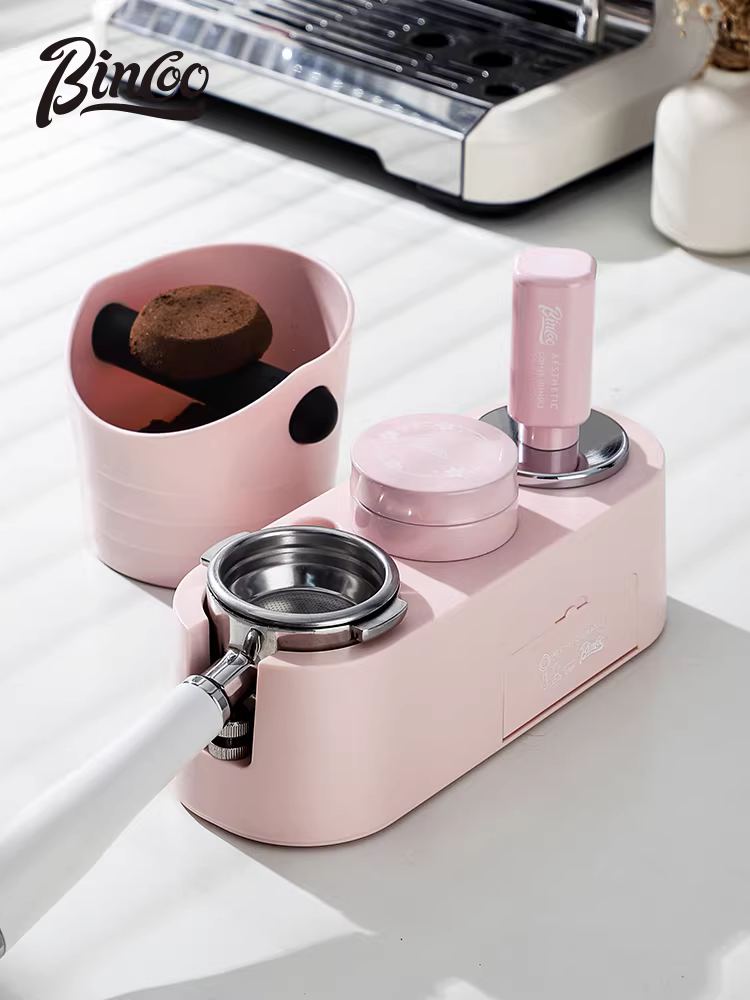 Bộ dụng cụ pha cà phê Bincoo màu hồng có đế, hộp đựng đa năng, dụng cụ pha cà phê 51/58mm