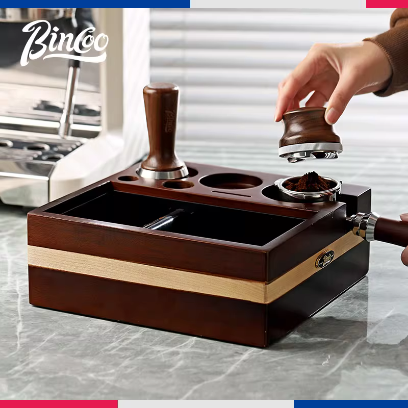 Bộ dụng cụ pha cà phê Bincoo bằng gỗ nguyên khối kiểu Ý, đa năng, gồm 3 món với hộp đựng bã cà phê.