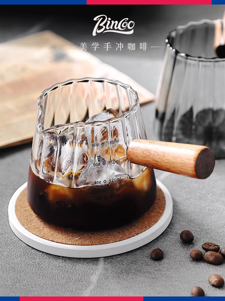 Bình sữa nhỏ bằng thủy tinh Bincoo có vạch chia độ, tách espresso có tay cầm bằng gỗ, bình sữa nhỏ để pha cà phê, cốc ounce
