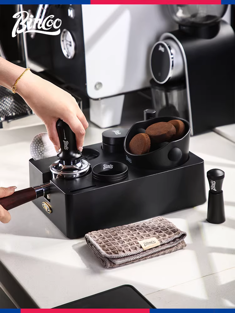 Đế ép cà phê Bincoo, dụng cụ phân phối, búa ép, hộp đựng bã cà phê, phụ kiện tay cầm máy pha cà phê, bộ dụng cụ và hộp đựng đầy đủ.