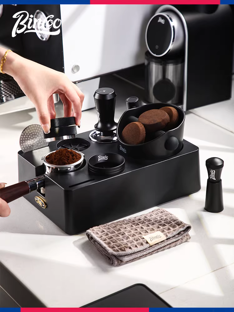 Đế ép cà phê Bincoo, dụng cụ phân phối, búa ép, hộp đựng bã cà phê, phụ kiện tay cầm máy pha cà phê, bộ dụng cụ và hộp đựng đầy đủ.