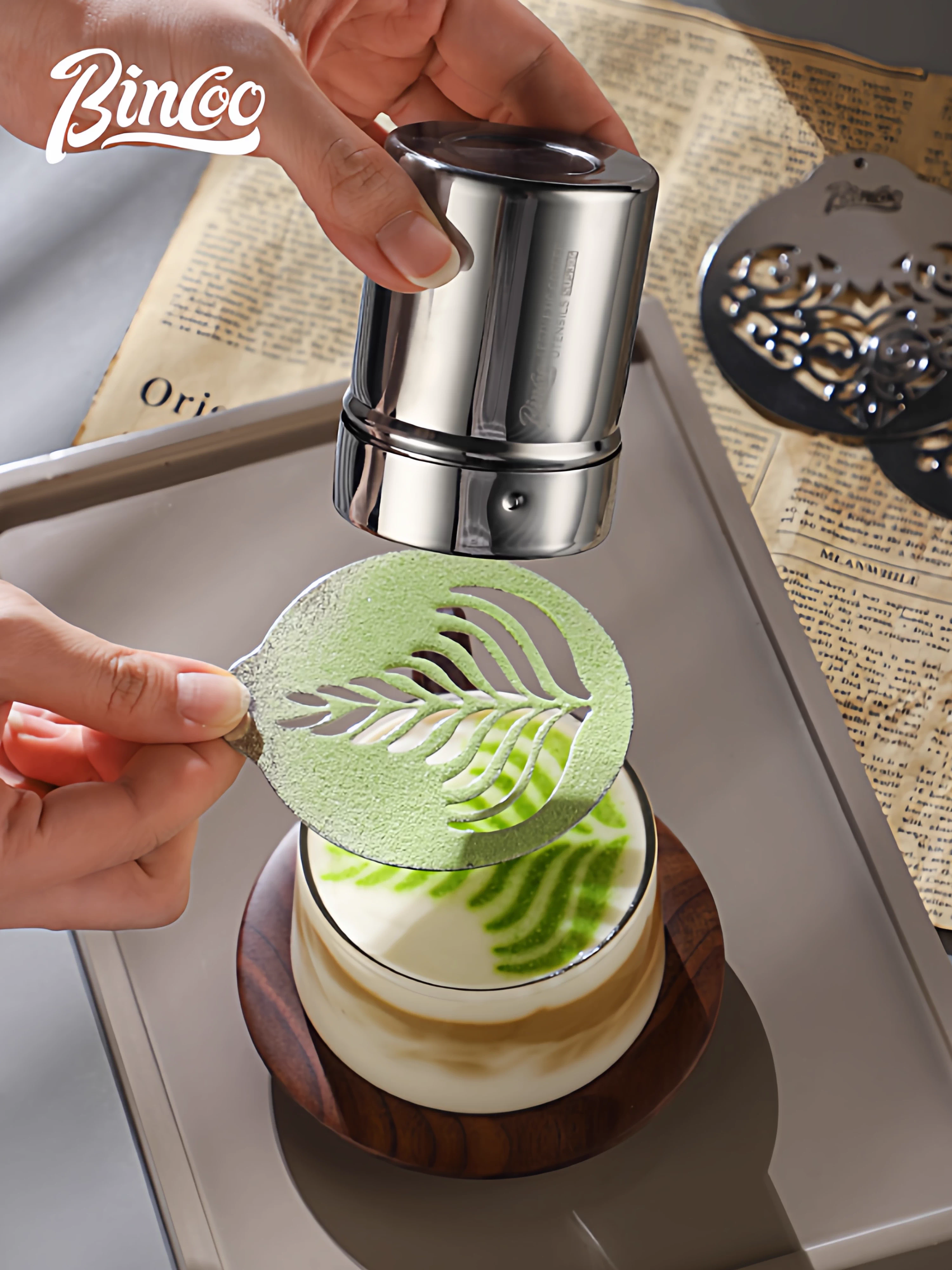Bộ dụng cụ pha chế Bincoo dành cho bột cà phê, matcha, bột ca cao, dụng cụ rây đường, dụng cụ rắc bột 304, khuôn tạo hình latte art