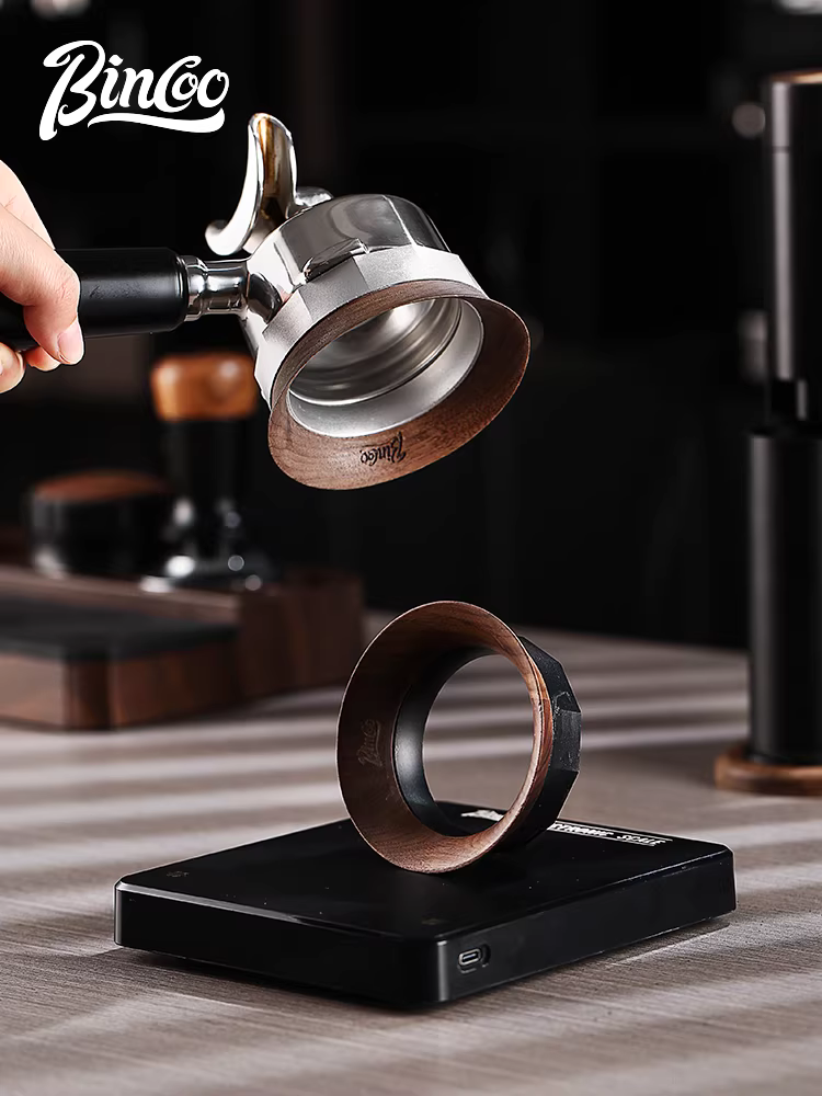 Vòng thu bột từ tính cà phê Bincoo, bộ thu bột tay cầm máy pha cà phê, vòng chống bay bột gỗ óc chó 51/58mm