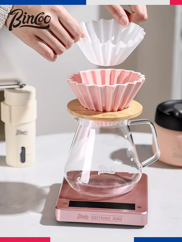 Bộ ấm pha cà phê Bincoo màu hồng, bộ dụng cụ pha cà phê, bộ lọc, ấm chia cà phê, bộ đầy đủ, cà phê xay tay, bộ đầy đủ dùng tại nhà