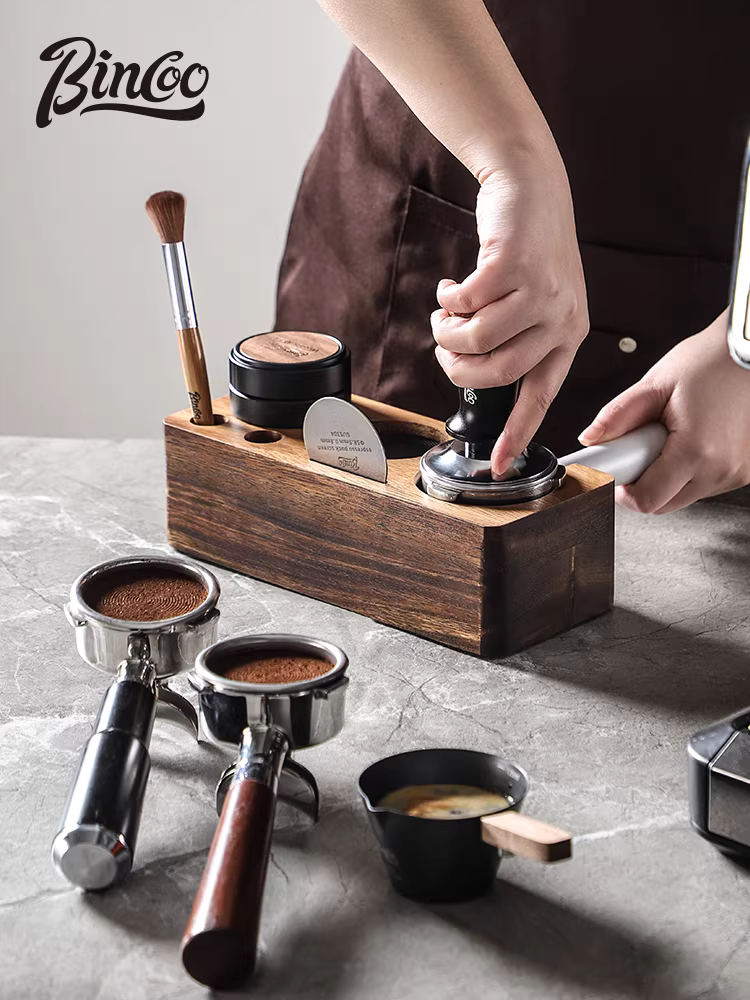 Bộ đế và dụng cụ phân phối cà phê bằng gỗ nguyên khối Bincoo 51/58mm, phụ kiện máy pha cà phê espresso, hộp đựng