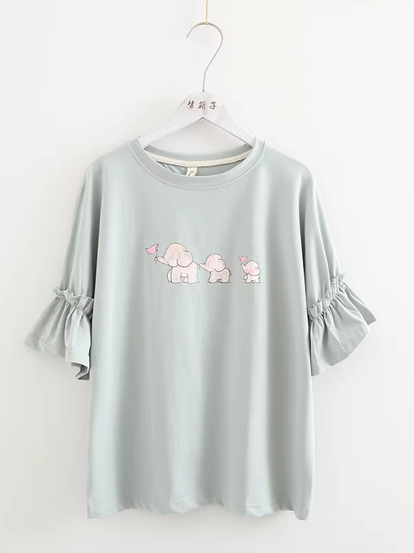 Dream Box 2025 Mùa hè Phong cách mới Ba chú voi nhỏ In hình học sinh Áo thun nữ tay loe xòe dáng rộng Áo thun cotton