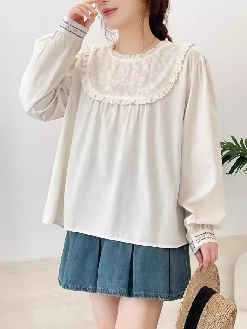 Áo sơ mi cotton thêu họa tiết Dream Box 2025 Thu mới, cổ tròn, tay dài, dáng rộng, kiểu áo trẻ trung.