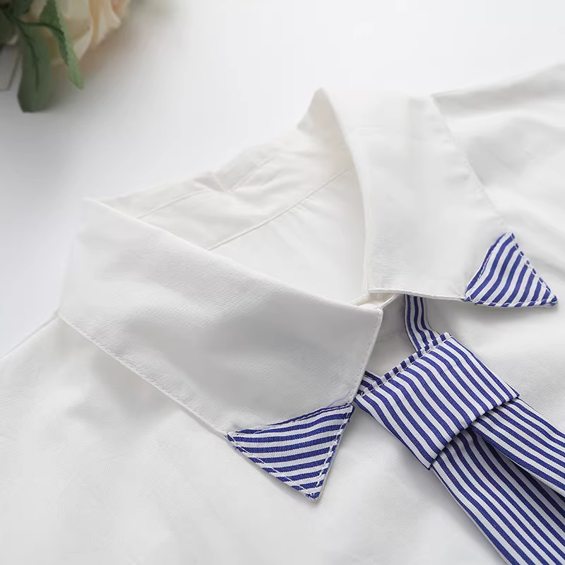 Dream Box 2023 Mùa Hè Mới Mèo Nhật Bản Áo Sơ Mi Cotton Thêu Cổ Bẻ Tay Ngắn Sọc Thắt Nơ Áo Sơ Mi Trắng