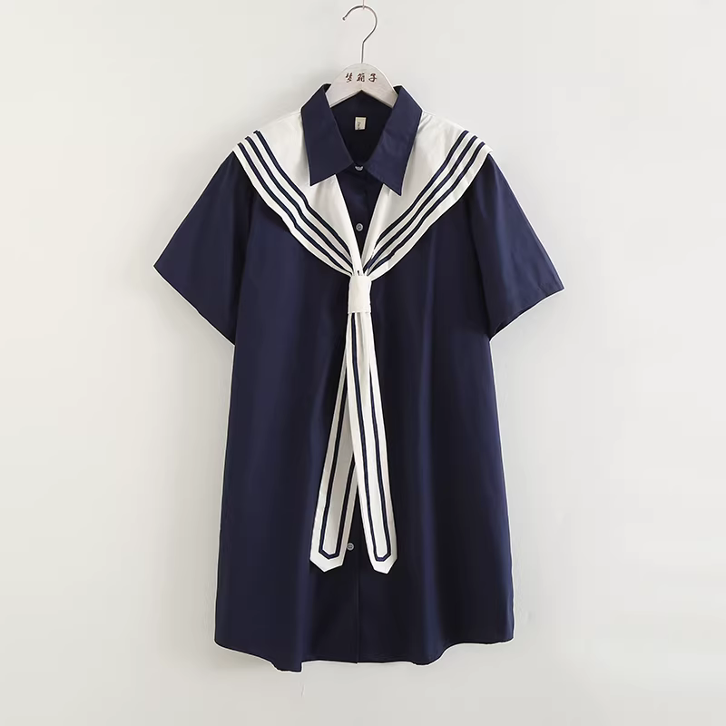 Dream Box 2023 Mùa hè mới Váy cotton giả hai mảnh phong cách hải quân có cổ bẻ, tay ngắn, dáng rộng, váy giảm béo dành cho nữ.