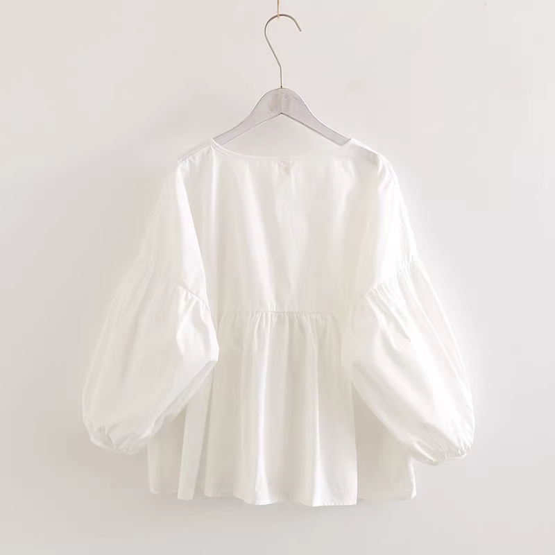Áo sơ mi nữ tay đèn kiểu mới Dream Box 2024, màu trơn, chất liệu chắc chắn, cổ tròn, dáng rộng, màu trắng, có nơ buộc