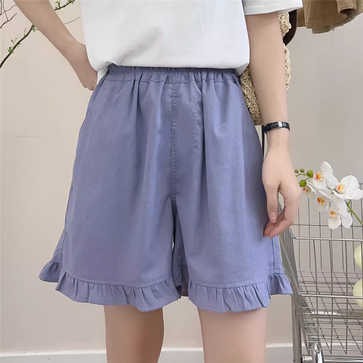 Quần ống rộng chất liệu cotton linen, cạp chun, màu trơn, kiểu dáng mới mùa hè 2024, đa năng, thoải mái, xếp ly, dành cho nữ