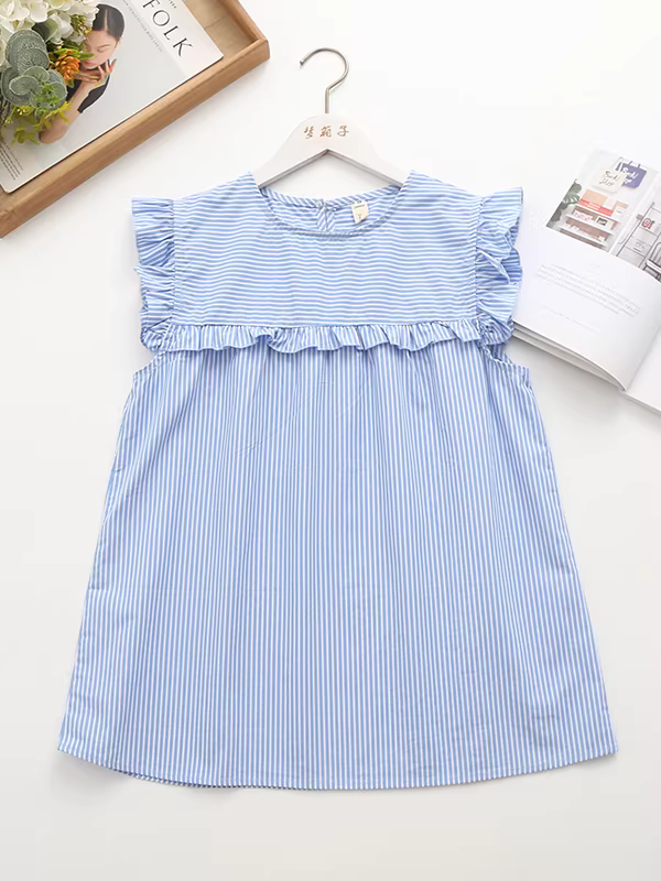 Áo sơ mi cotton sọc xanh tươi kiểu mới mùa hè 2025 Dream Box, cổ tròn, tay bồng xếp ly dành cho nữ