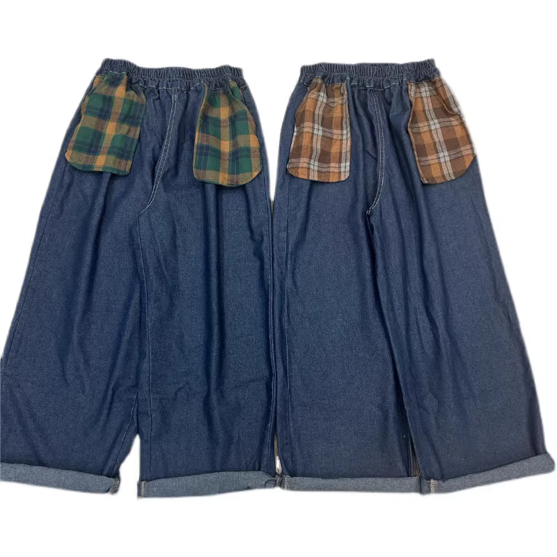 Dream Box 2023 Mùa Xuân Mới Kẻ Sọc Túi Màu Trơn Quần Ống Suông Co Giãn Giảm Béo Rời Quần Jean Ngắn Cho Nữ