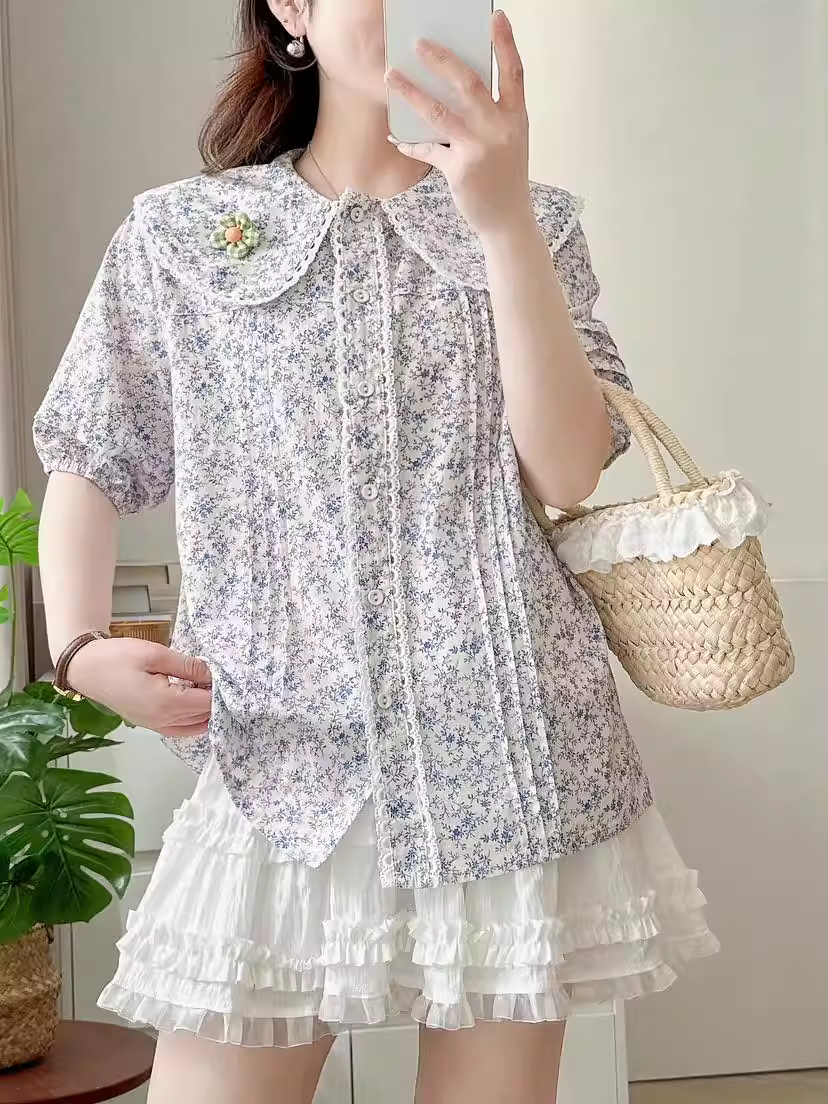 Áo sơ mi cotton in hoa mùa hè Dream Box 2025, cổ ren, tay ngắn, dáng rộng, trẻ trung