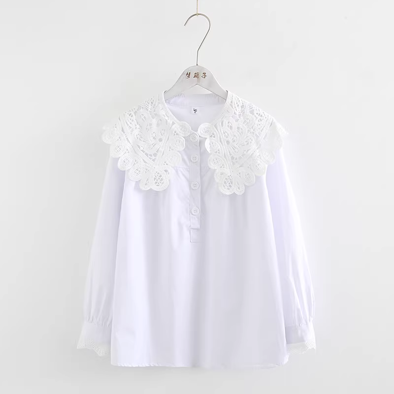 Áo sơ mi nữ Dream Box 2024 Xuân kiểu mới, viền ren rỗng, cổ búp bê, đa năng, màu trơn, chất liệu cotton