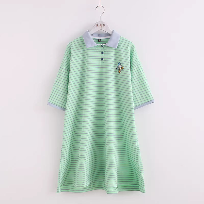 Dream Box 2020 Mùa hè Phong cách mới Váy sọc thêu hình vịt ngộ nghĩnh dành cho nữ Váy màu khối cổ polo tay ngắn dáng rộng