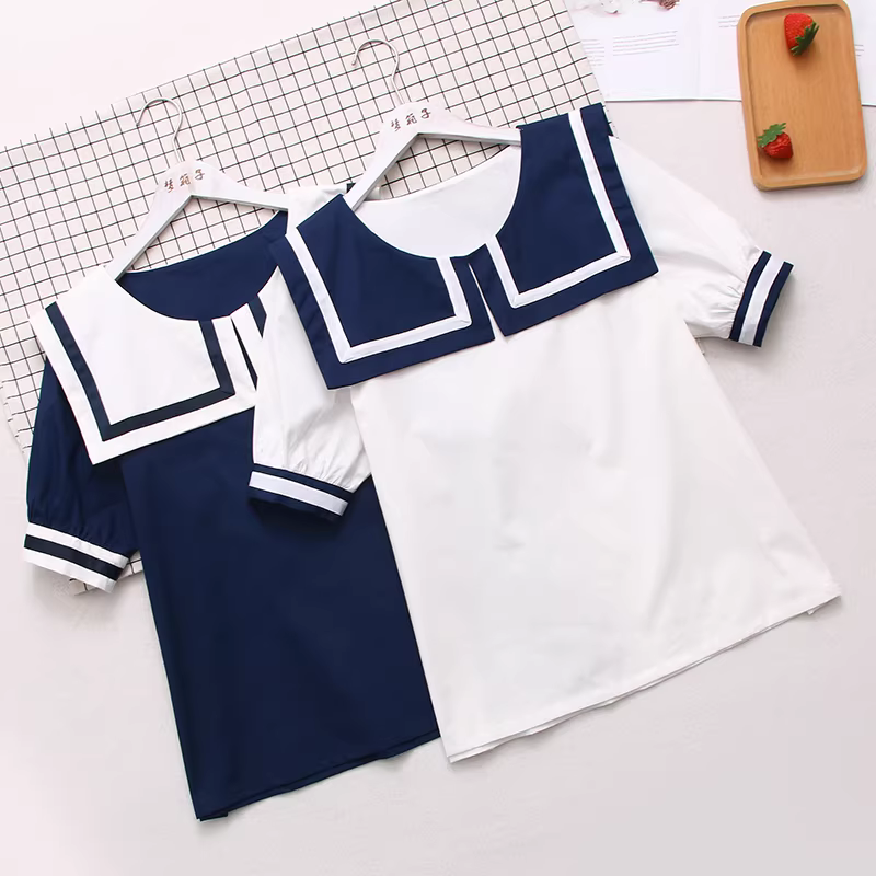 Dream Box 2024 Áo sơ mi cotton phối màu phong cách Nhật Bản mới dành cho nữ có cổ vuông, tay ngắn, dáng rộng, áo sơ mi giảm tuổi tác