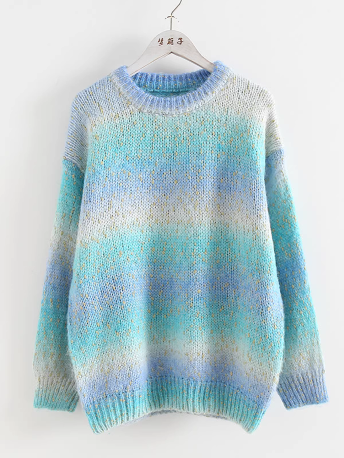 Áo len dệt kim dáng rộng tay dài cổ tròn phong cách Mori Girl, màu ombre sọc bóng, Thu Đông 2024, Dream Box
