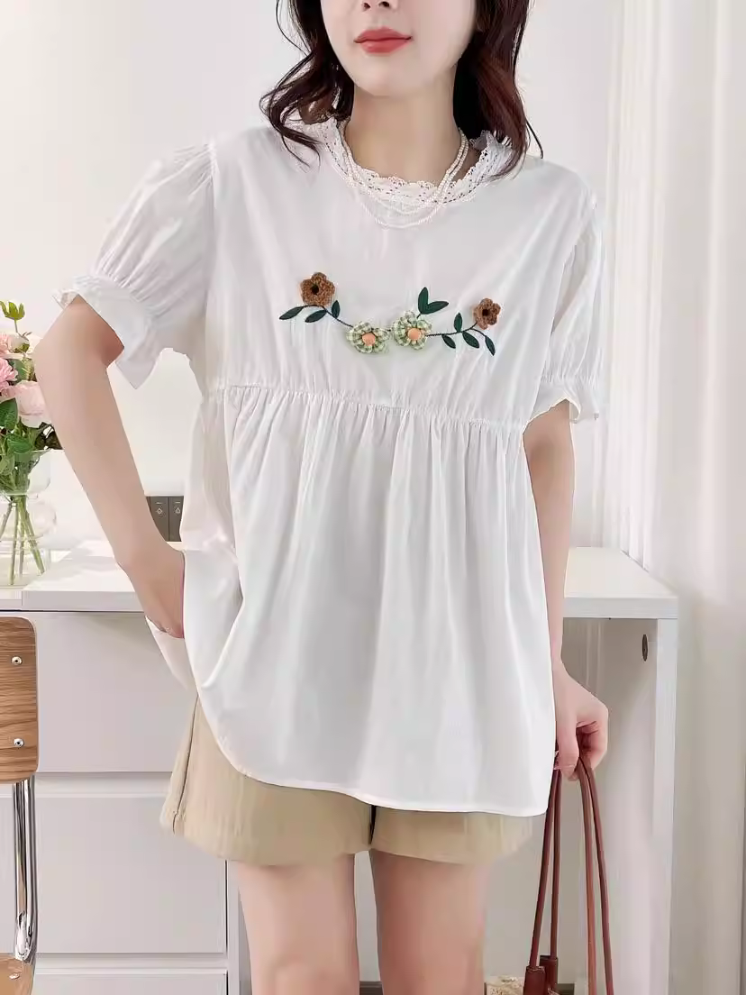 Áo sơ mi cotton thêu hoa móc len mùa hè mới Dream Box 2024, cổ đứng, tay ngắn bèo nhún, dáng rộng