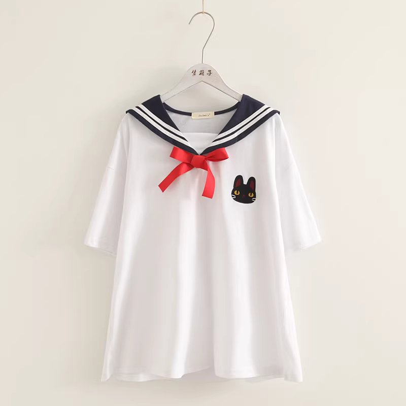 Áo thun nữ cotton dáng rộng tay ngắn cổ bẻ nơ thêu hình mèo mùa hè mới Dream Box 2024