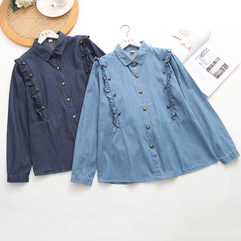 Dream Box 2023 Áo sơ mi denim cổ điển mới mùa thu có khuy đôi bằng đồng có cổ bẻ, tay dài, viền xù, áo sơ mi nữ dáng rộng