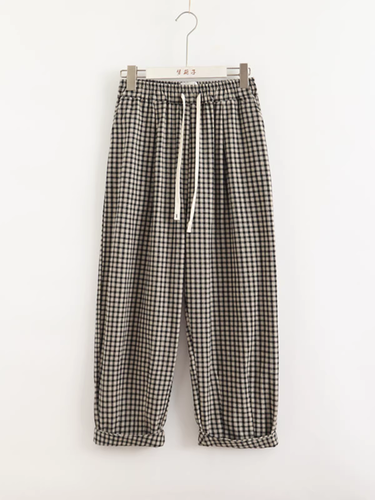 Quần cotton kẻ ca rô lưng thun dáng rộng đa năng Dream Box Thu 2024, kiểu dáng cổ điển, dành cho nữ