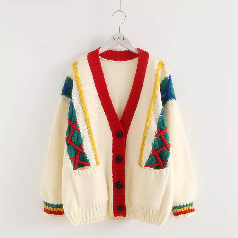 Dream Box 2022 Thu Đông Mới Màu Khối Áo Len Thắt Nơ Cổ Chữ V Dài Tay Áo Len Dệt Kim Rộng Áo Len Áo Khoác