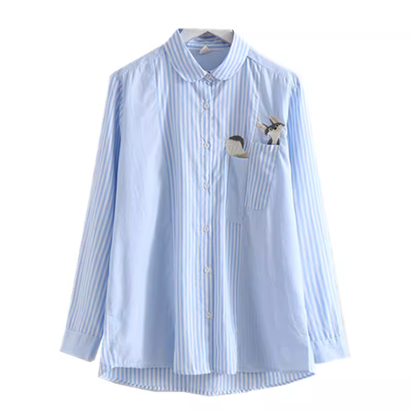 Dream Box 2023 Áo sơ mi cotton thêu hình con sóc vui nhộn mới dành cho trẻ em mùa thu dành cho bé gái, Áo sơ mi sọc dài tay cổ Mandarin.