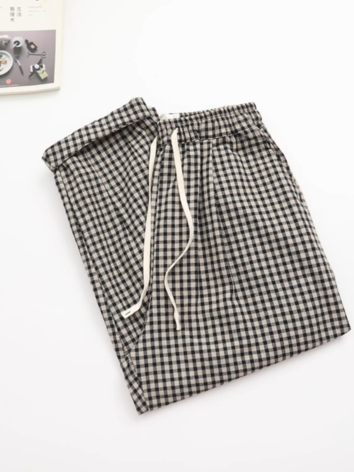 Quần cotton kẻ ca rô lưng thun dáng rộng đa năng Dream Box Thu 2024, kiểu dáng cổ điển, dành cho nữ