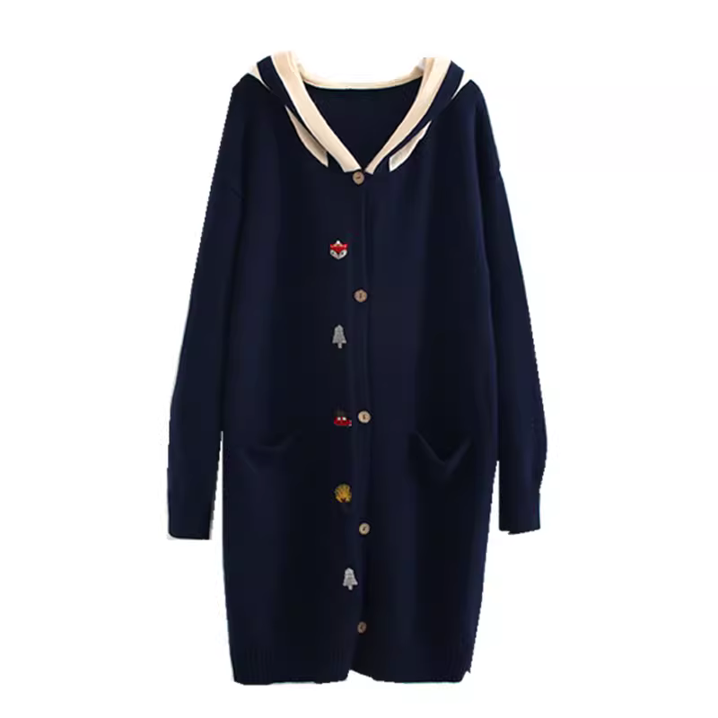 Áo khoác cardigan thêu hoạt hình Dream Box Thu 2023, phối màu, có mũ, tay dài, dáng rộng, dài qua eo