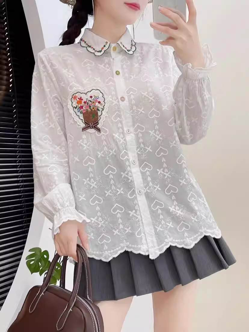 Áo sơ mi cotton thêu hoa mùa thu mới Dream Box 2024, cổ áo thêu, tay dài, cúc nhiều màu, dáng rộng, phong cách thường ngày