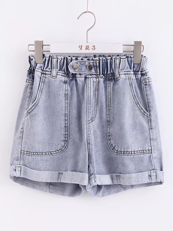 Quần short denim nữ dáng thẳng ôm body, cạp chun, túi lớn, kiểu dáng mới hè 2025, đa năng, bo gấu
