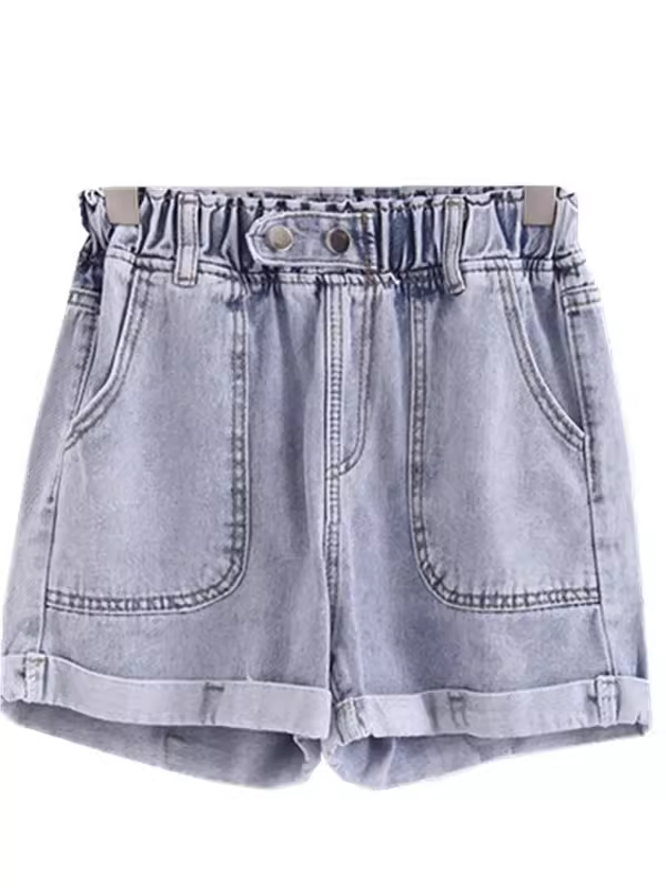 Quần short denim nữ dáng thẳng ôm body, cạp chun, túi lớn, kiểu dáng mới hè 2025, đa năng, bo gấu
