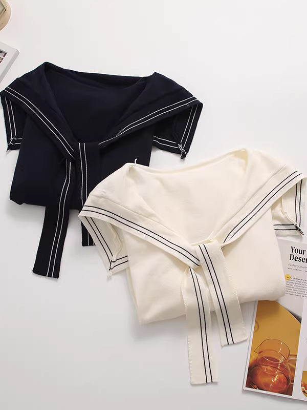 Áo len dệt kim dáng ôm ngắn tay dài màu trơn cổ áo thun phối nơ màu hải quân Dream Box Thu 2025