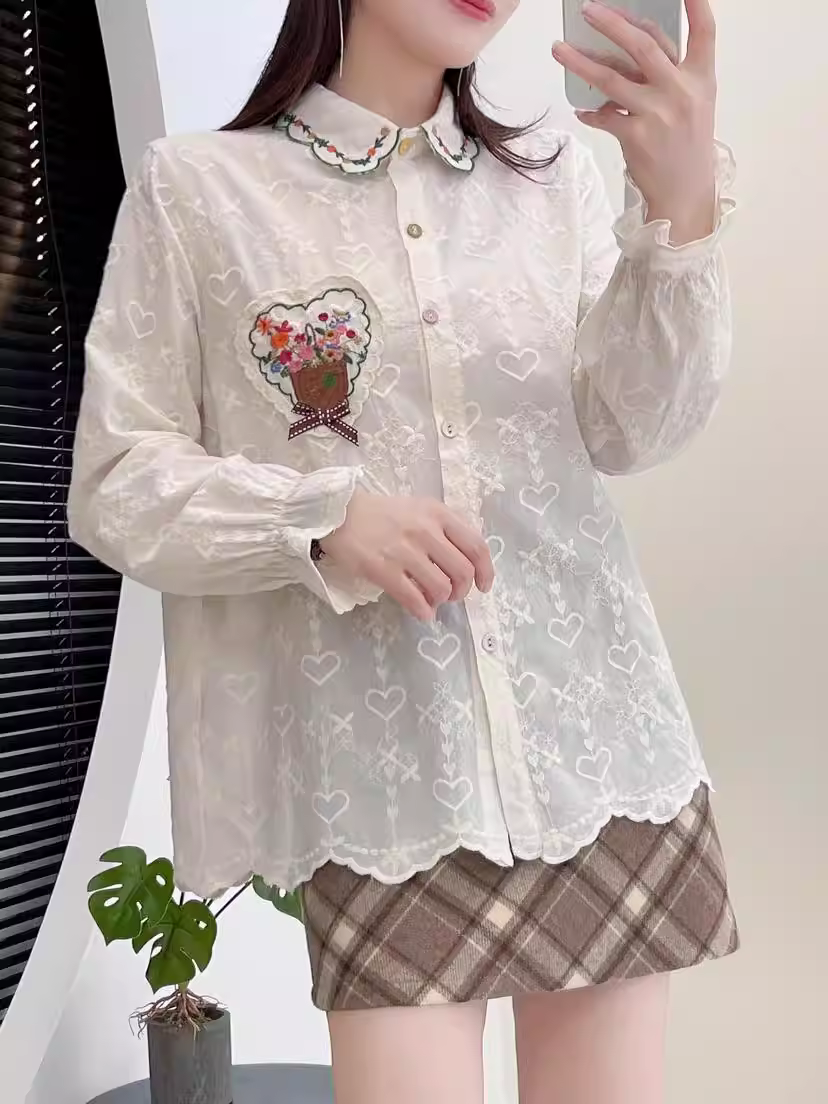 Áo sơ mi cotton thêu hoa mùa thu mới Dream Box 2024, cổ áo thêu, tay dài, cúc nhiều màu, dáng rộng, phong cách thường ngày