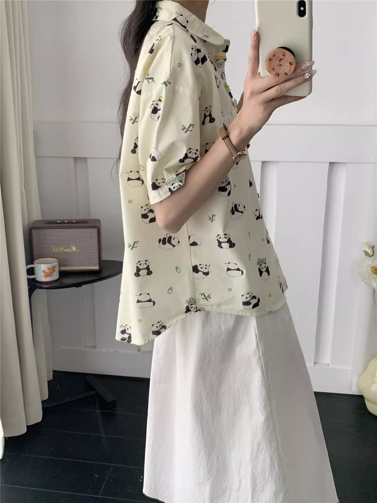 Áo sơ mi cotton in hình gấu trúc mùa hè Dream Box 2025, cổ sơ mi, tay ngắn, họa tiết hoạt hình, nhiều khuy, dáng rộng, phong cách thường ngày