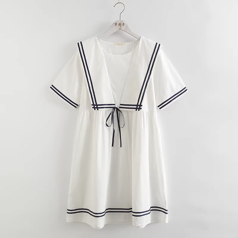 Dream Box 2023 Mùa Hè Phong Cách Mới Buộc Dây Nơ Miếng Dán Cường Lực Hải Quân Cổ Áo Chui Đầu Tay Ngắn Rời Cotton Đầm Dành Cho Nữ