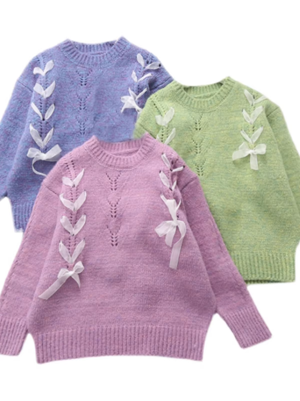 Áo len dệt kim dáng rộng cổ tròn họa tiết hoa nơ ngọt ngào mùa thu Dream Box 2025 dành cho nữ