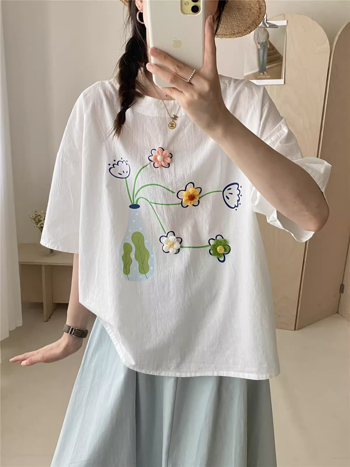 Áo thun cotton hoa móc ba chiều kiểu mới hè 2025 Dream Box, cổ tròn, tay ngắn, dáng rộng, trẻ trung