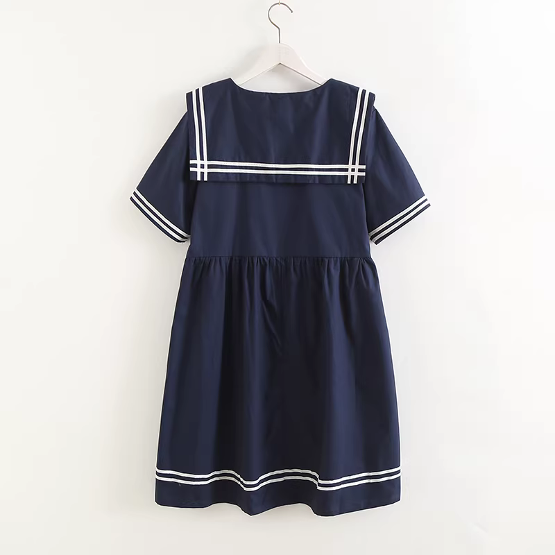 Dream Box 20234 Mùa hè mới Váy cotton dáng rộng có dây buộc cổ màu hải quân mới