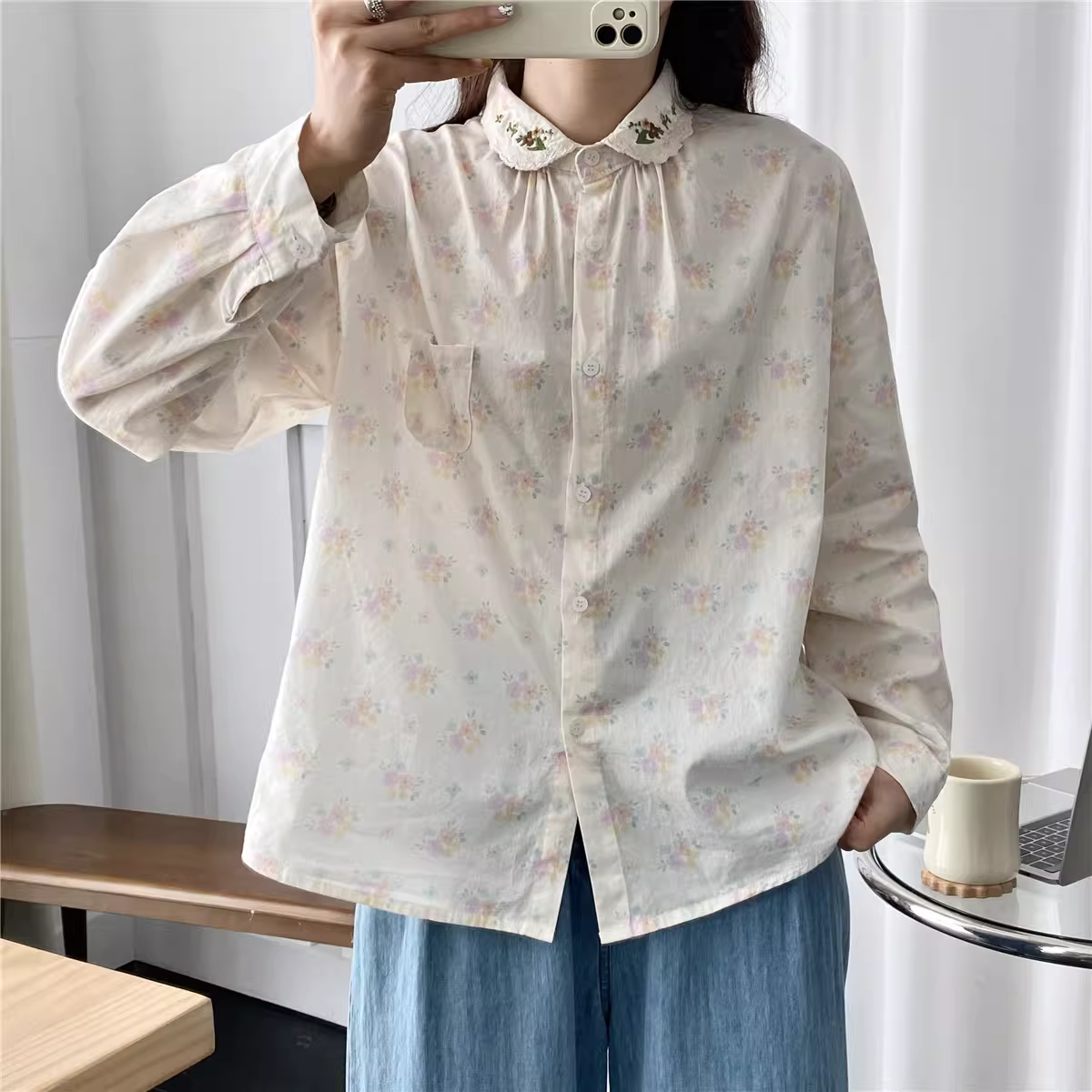 Áo sơ mi cotton in hoa mùa xuân Dream Box 2024, cổ thêu, tay dài, dáng rộng, kiểu ngọt ngào dành cho nữ