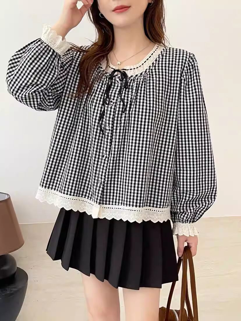 Áo sơ mi cotton kẻ caro phối ren Dream Box 2025 thu mới, cổ tròn, tay dài, dáng rộng, buộc dây