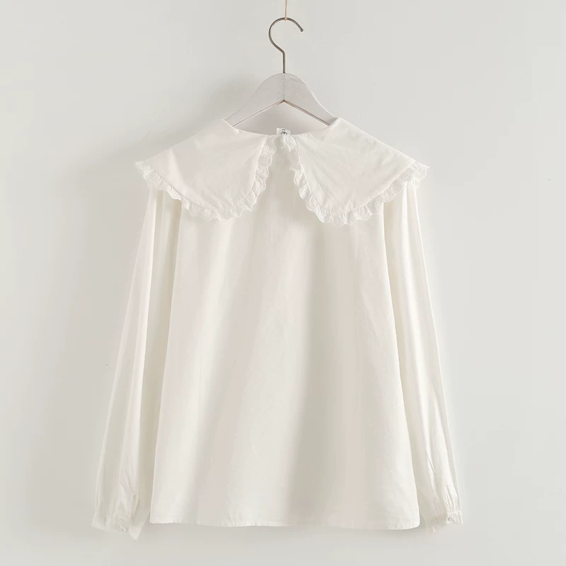 Áo sơ mi cotton thêu hoa vintage mùa xuân 2024 Dream Box, cổ Peter Pan ren, tay dài, dáng rộng, màu trắng dành cho nữ