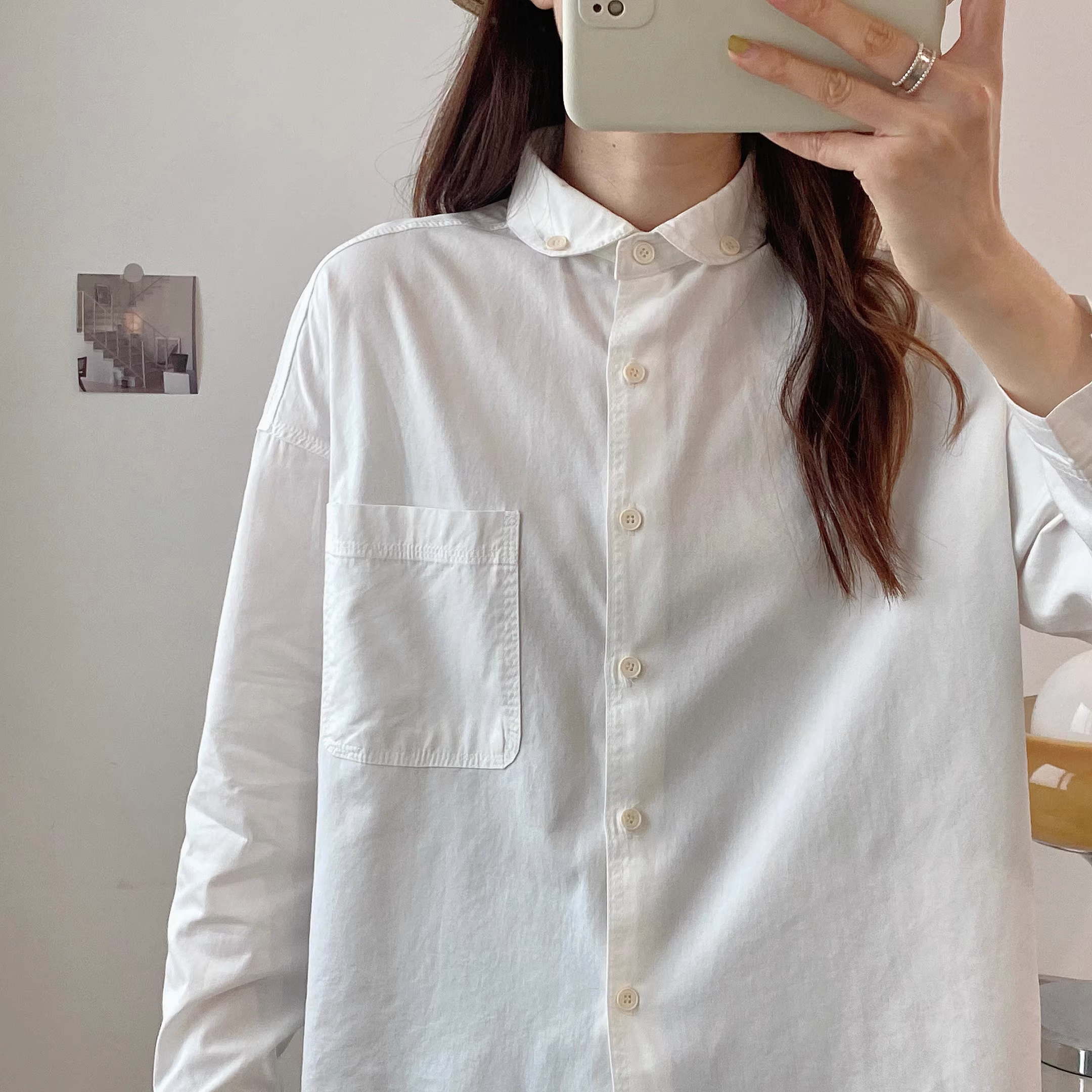 Áo sơ mi cotton dáng rộng cổ trụ tay dài màu trắng đơn giản phong cách vintage mùa xuân 2024 Dream Box