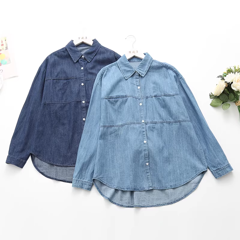Áo sơ mi denim màu trơn hai túi dáng rộng cổ trụ tay dài đa năng Dream Box Thu 2024 dành cho nữ