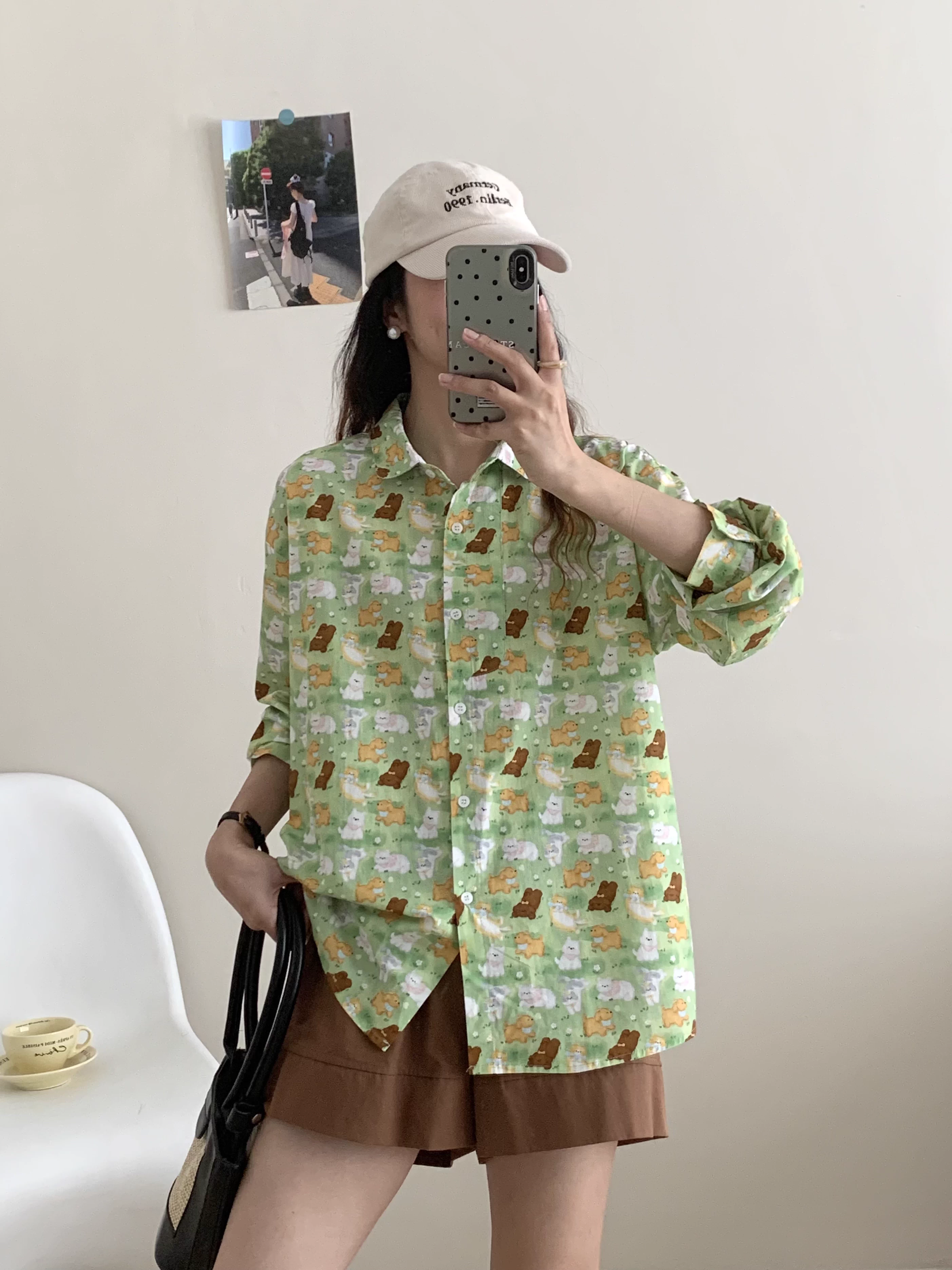 Áo sơ mi cotton in hình nhiều chú mèo hoạt hình mùa thu mới Dream Box 2025, cổ trụ, tay dài, dáng rộng, trẻ trung dành cho nữ