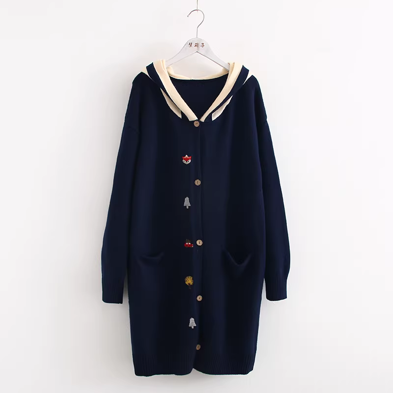 Áo khoác cardigan thêu hoạt hình Dream Box Thu 2023, phối màu, có mũ, tay dài, dáng rộng, dài qua eo