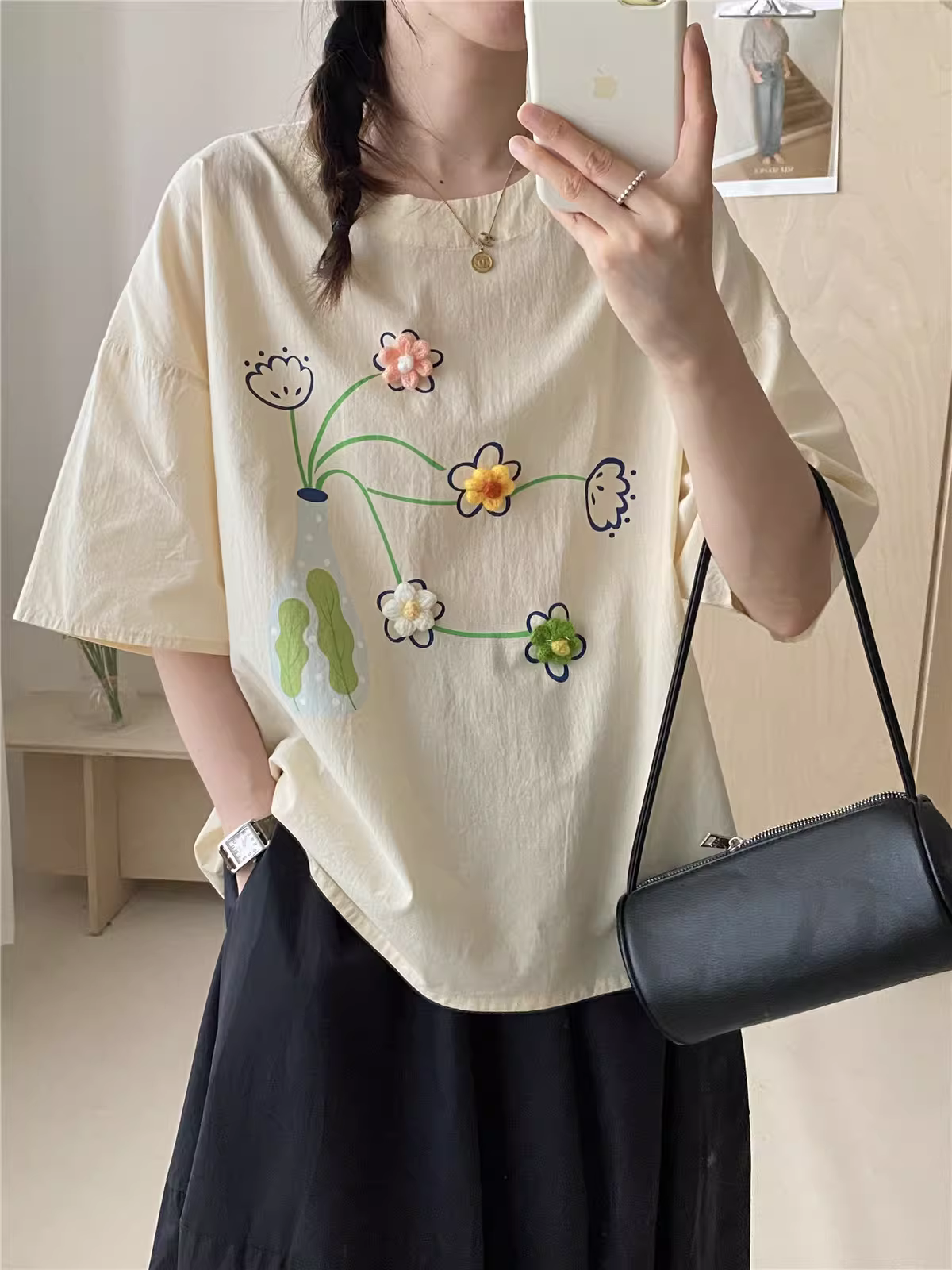 Áo thun cotton hoa móc ba chiều kiểu mới hè 2025 Dream Box, cổ tròn, tay ngắn, dáng rộng, trẻ trung