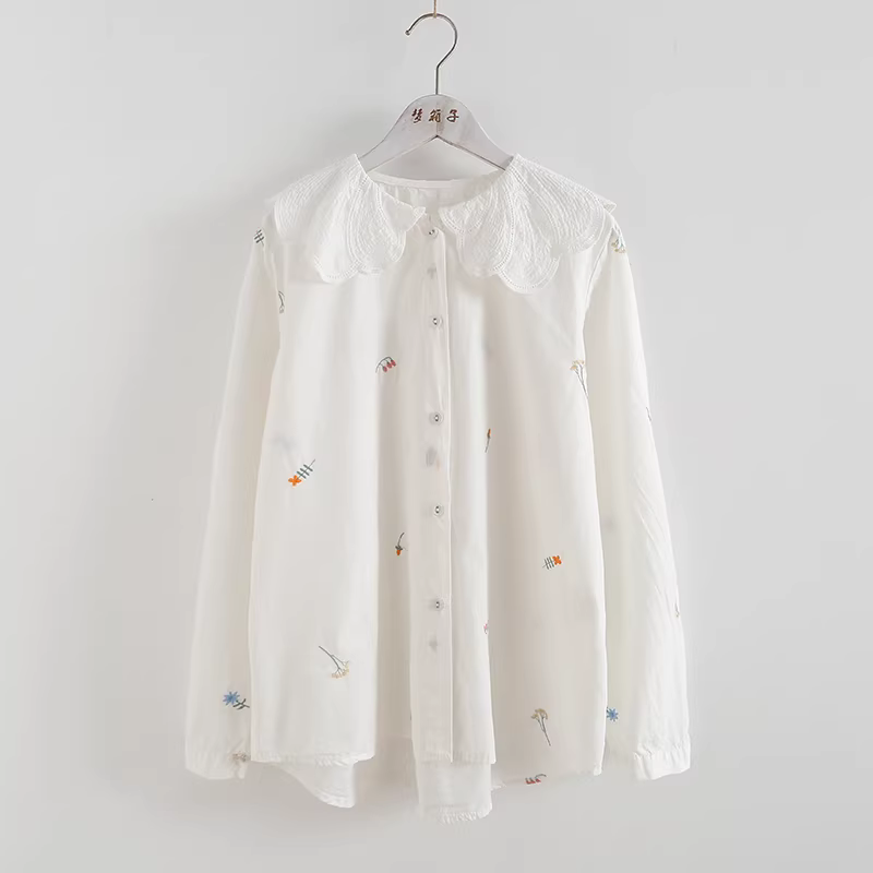 Áo sơ mi cotton thêu hoa mùa thu mới Dream Box 2023, cổ sen lá sen, tay dài, dáng rộng, thêu họa tiết dành cho nữ